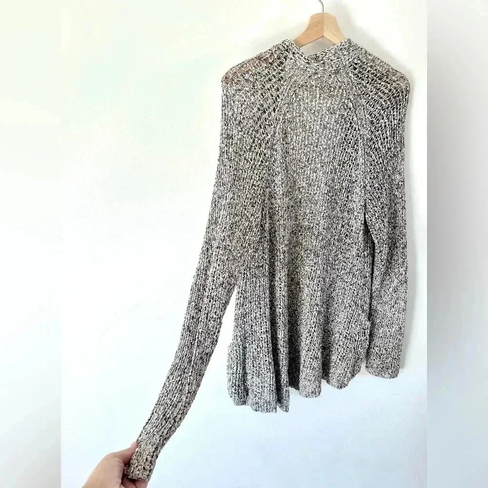 Eileen Fisher Grey & White Open Knit Drape Front Long Line Cotton Cardigan Large